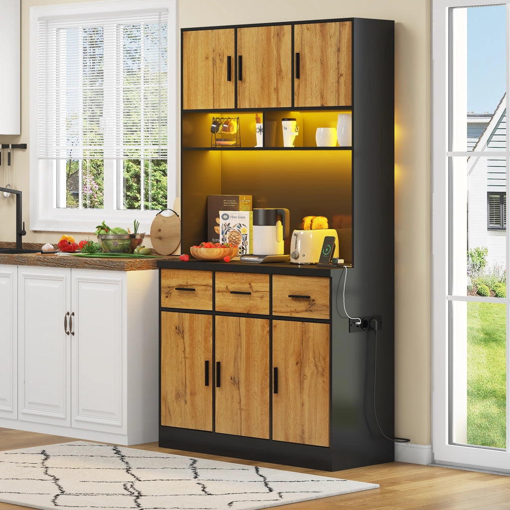 Credenza da cucina alta con LED; 100 x 40 x 180 cm; 6 ante e 3 cassetti; MDF e pannello truciolare; nero e naturale