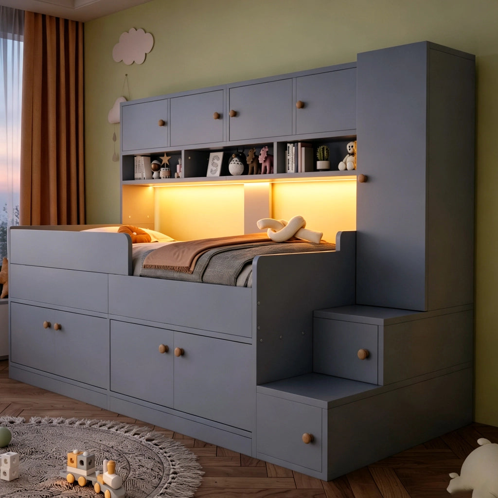 Letto a soppalco 90 × 200 cm con armadio scale contenitore LED in legno grigio con barriera e rete a doghe