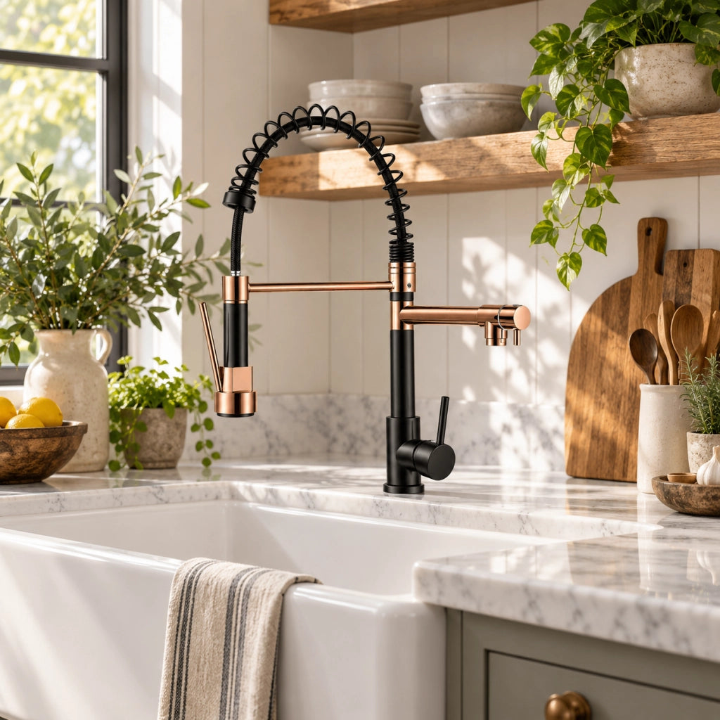 Rubinetto cucina moderno nero rame, testa estraibile 2 getti, rotazione completa 360°, antiruggine, kit montaggio completo per lavello cucina