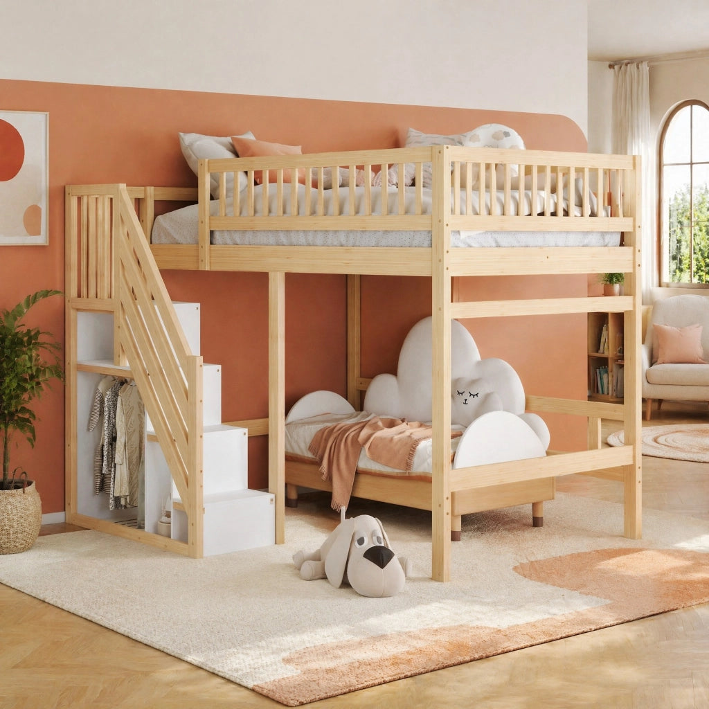 Letto a soppalco 140 × 200 cm con scala contenitore e barriera alta in legno colore naturale