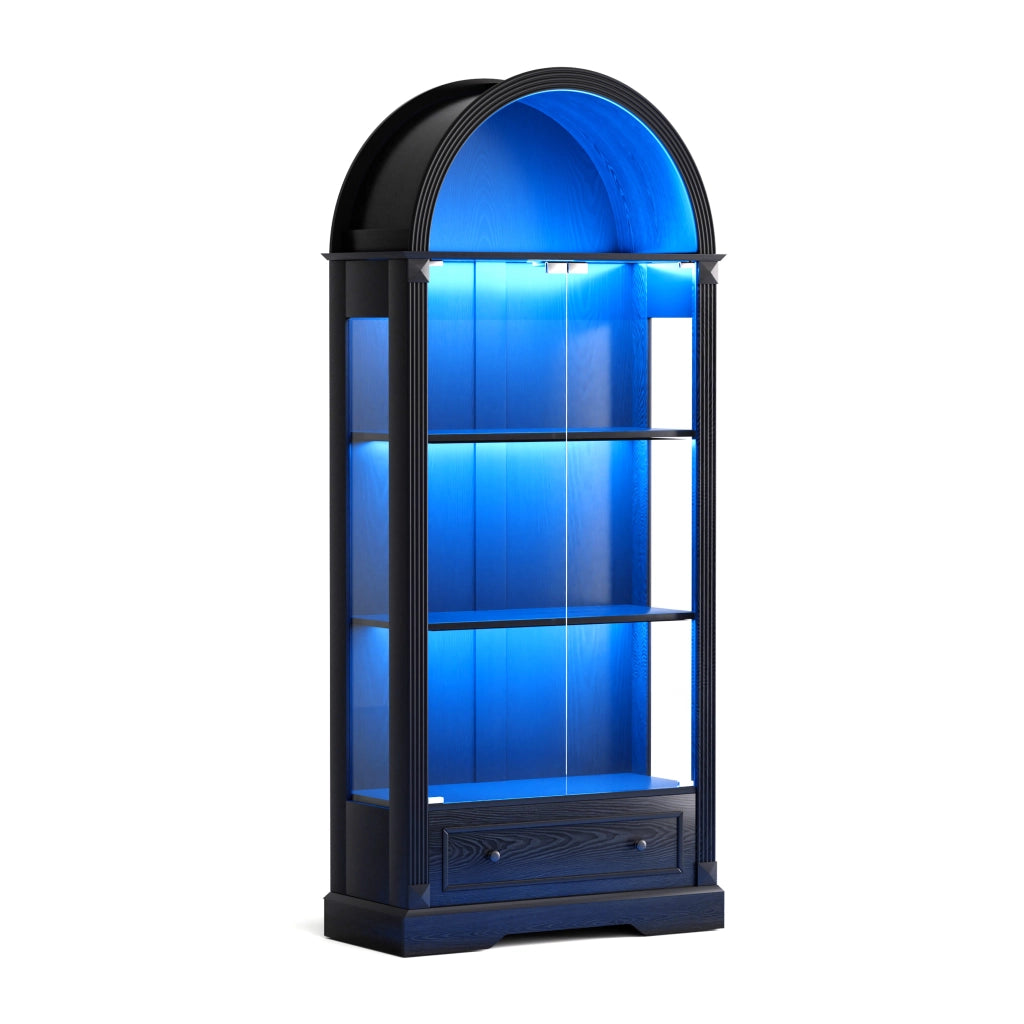 Vetrina LED con ante in vetro, nicchie aperte e sensore di movimento per soggiorno e cucina, nera, 80 × 35 × 180 cm