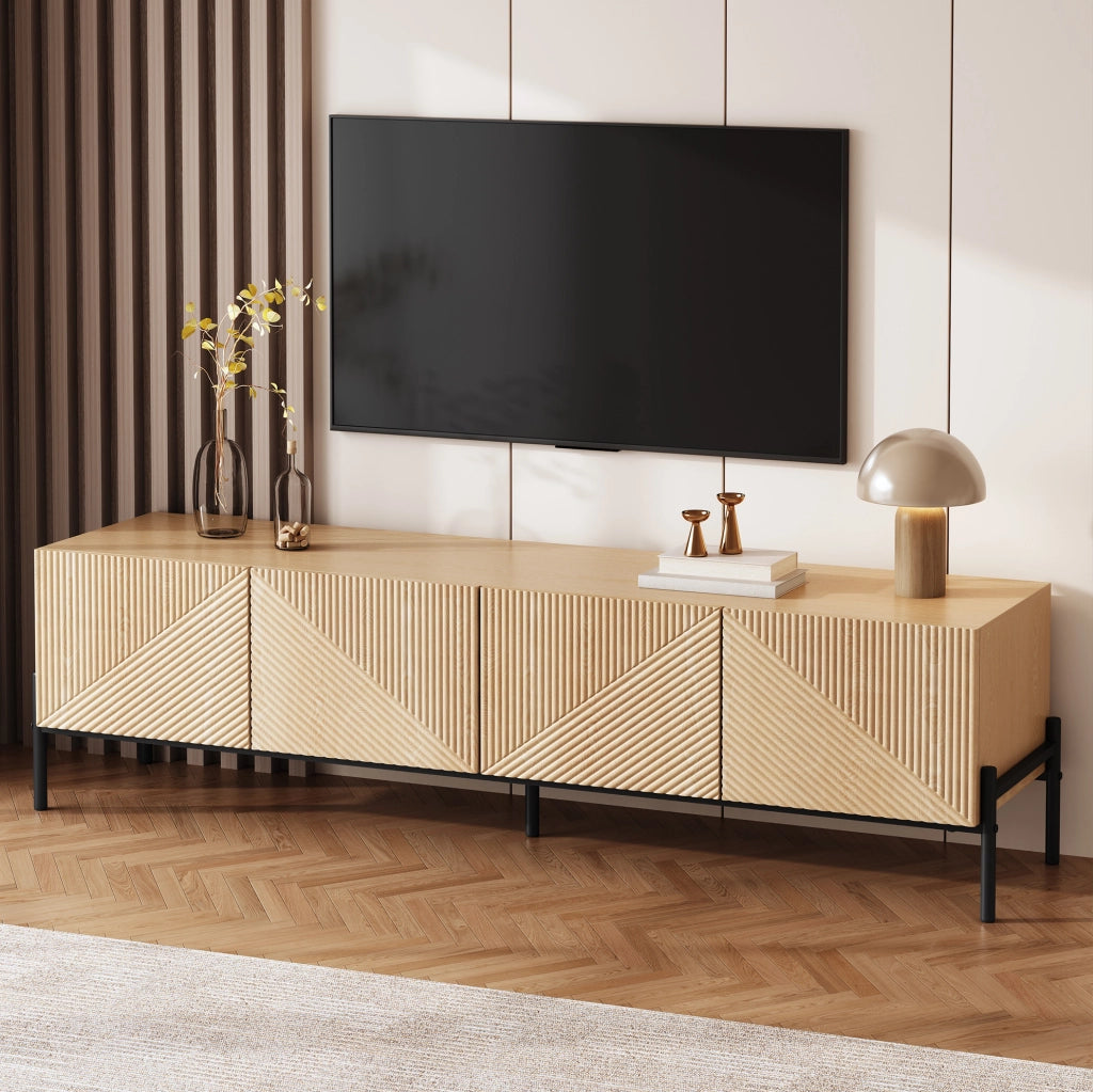 Mobile TV 163,5 cm con 4 ante push-to-open in MDF naturale e gambe in ferro nero