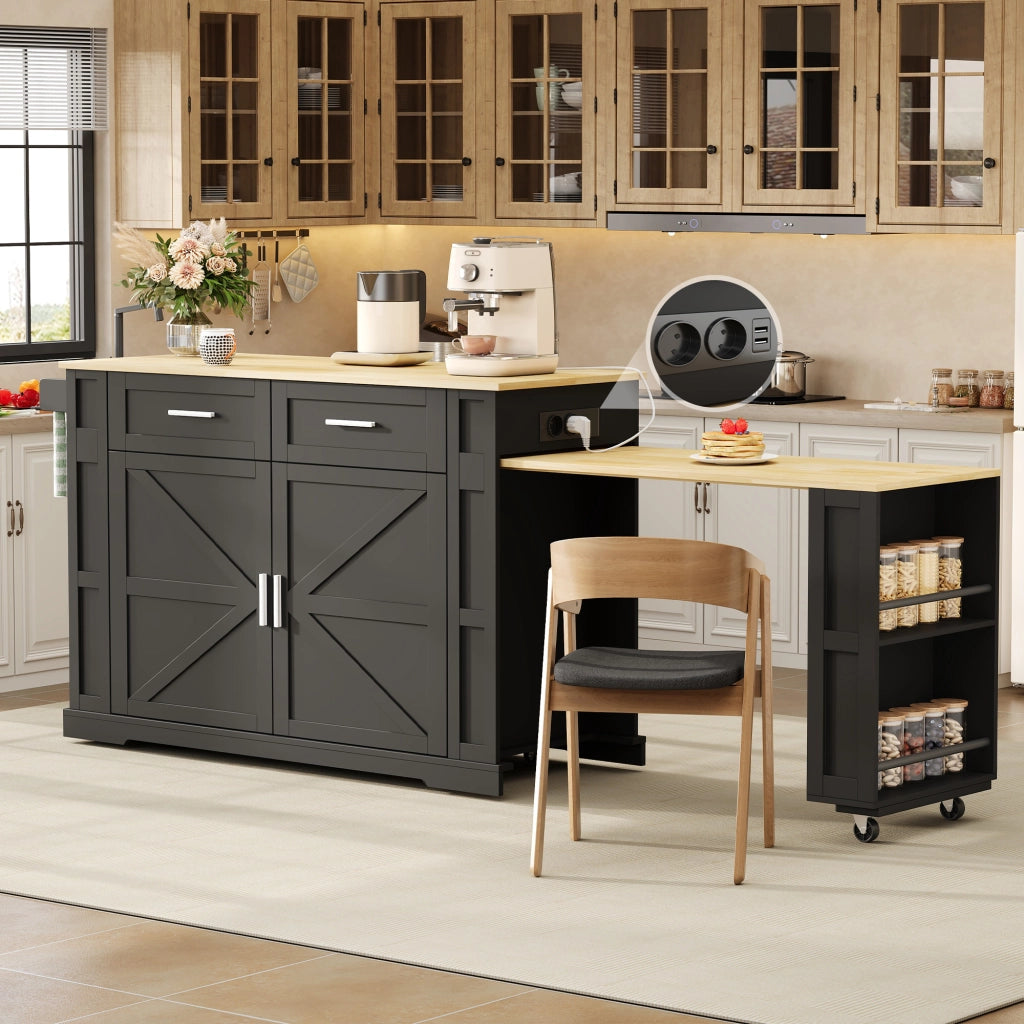 Mobile base da cucina con piano estraibile prese USB cassetti ruote e ripiano regolabile MDF nero naturale