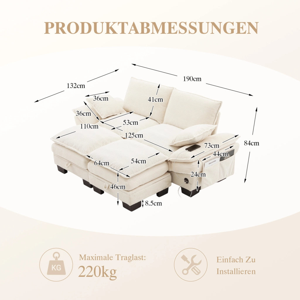 Divano modulare 2 posti 190x132x84 cm in velluto a coste beige con USB-C