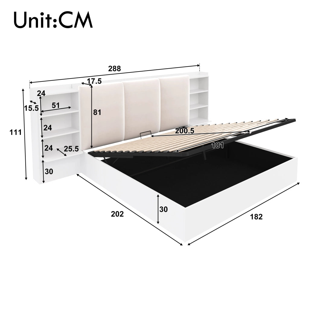 Letto contenitore 180 × 200 cm con testiera imbottita 6 vani LED regolabili struttura in MDF e compensato bianco