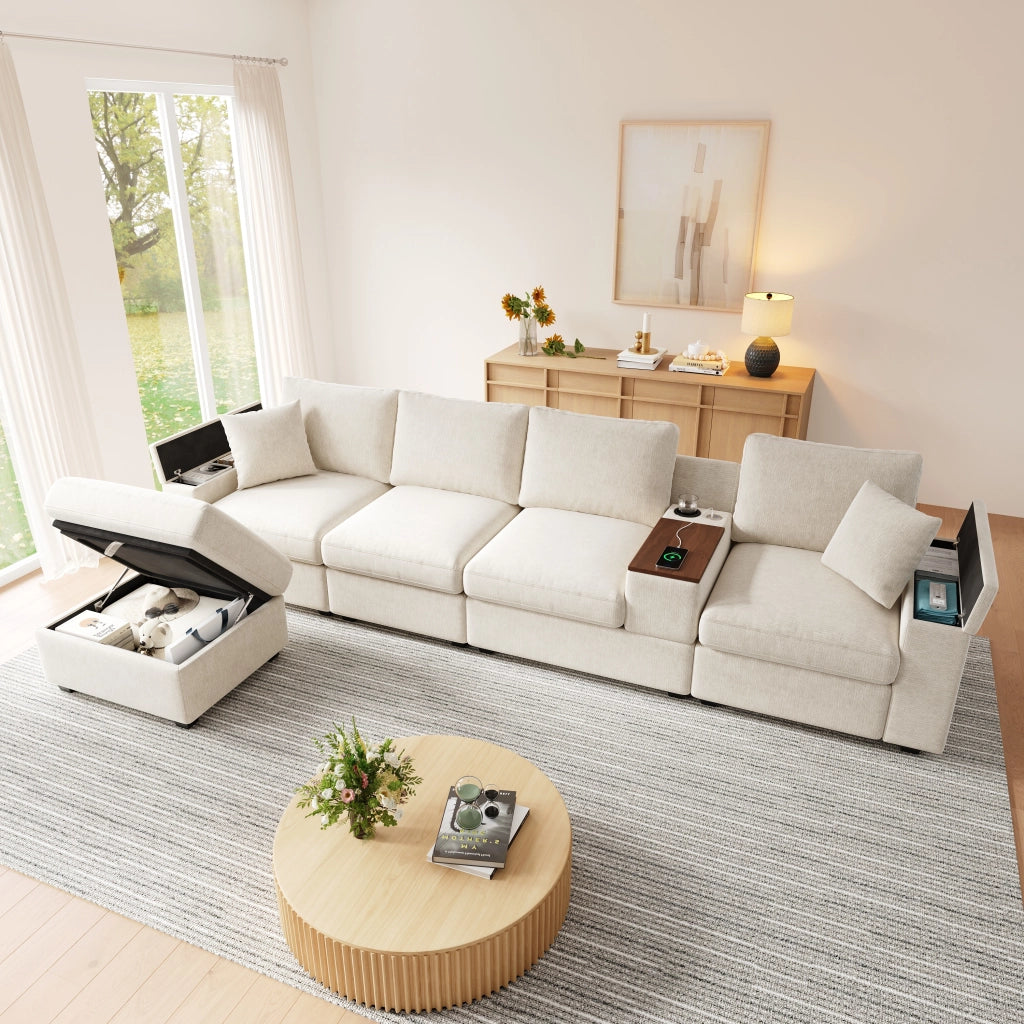 Divano modulare a L 313 x 147 x 82 cm con pouf e USB; ciniglia beige