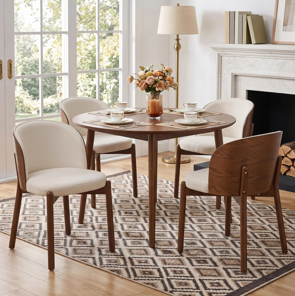Set di 4 sedie da pranzo con struttura in legno massello e rivestimento in lino noce
