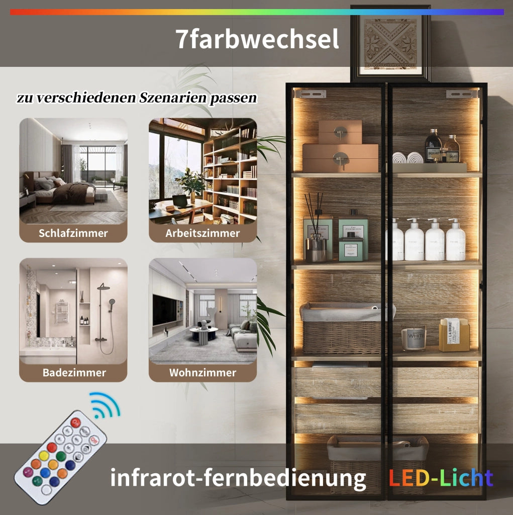 Set di 2 Armadietti da Bagno con LED, 73 cm, 2 Cassetti e 2 Porte in Vetro Satinato Marrone Chiaro