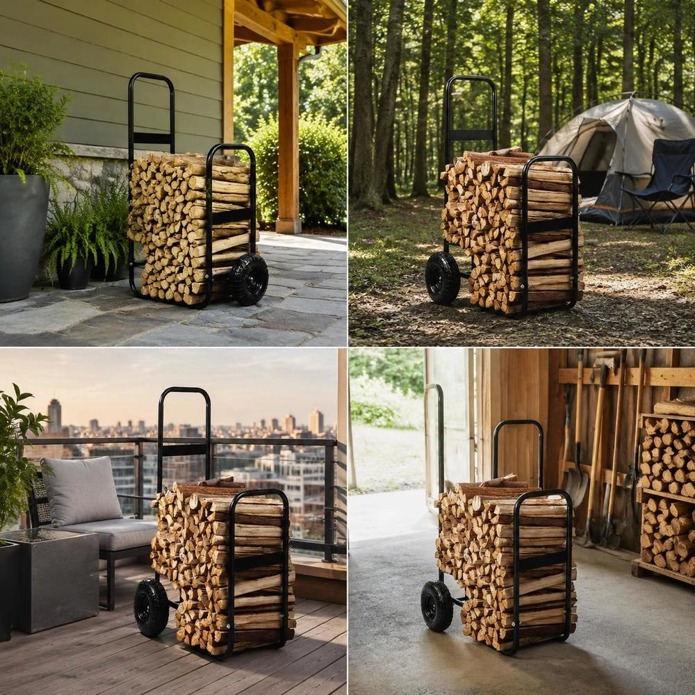 Firewood Trolley 67x52x110cm, Powder-coated Steel, With 266.7 Mm Rubber Wheels, 113.4 Kg Load Capacity, Transport Trolley Including Bungee Cord And Floor Net