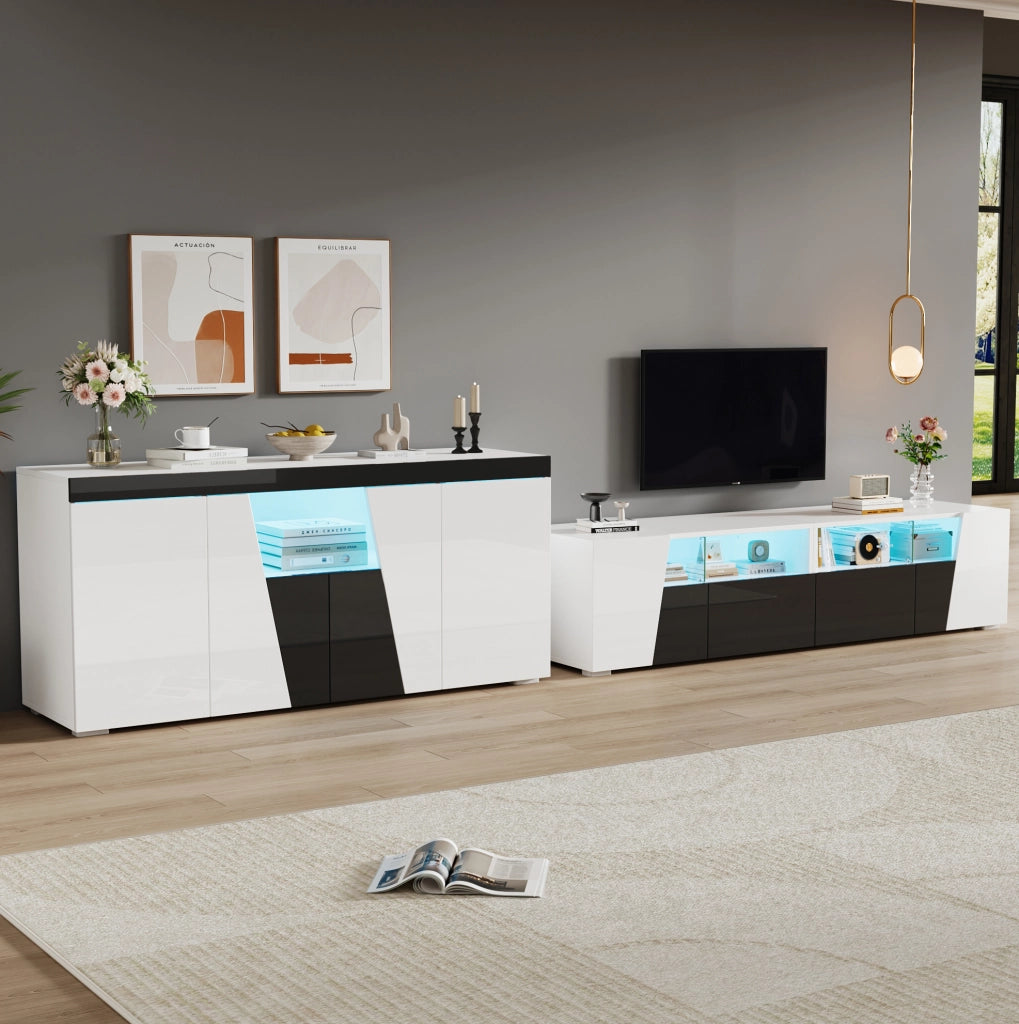 Mobile TV con LED e finitura lucida, bianco e nero