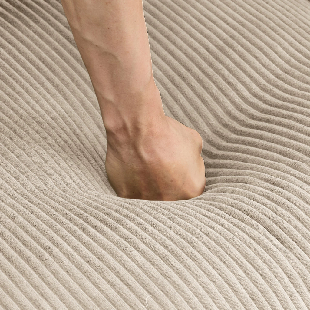 Divano modulare in velluto a coste beige; configurabile a L o U; 265 x 161 x 94 cm