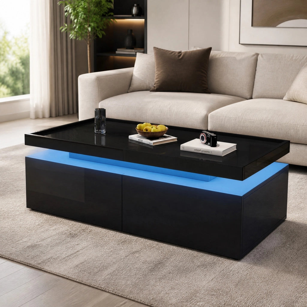 Tavolino da salotto nero lucido con LED e 2 cassetti
