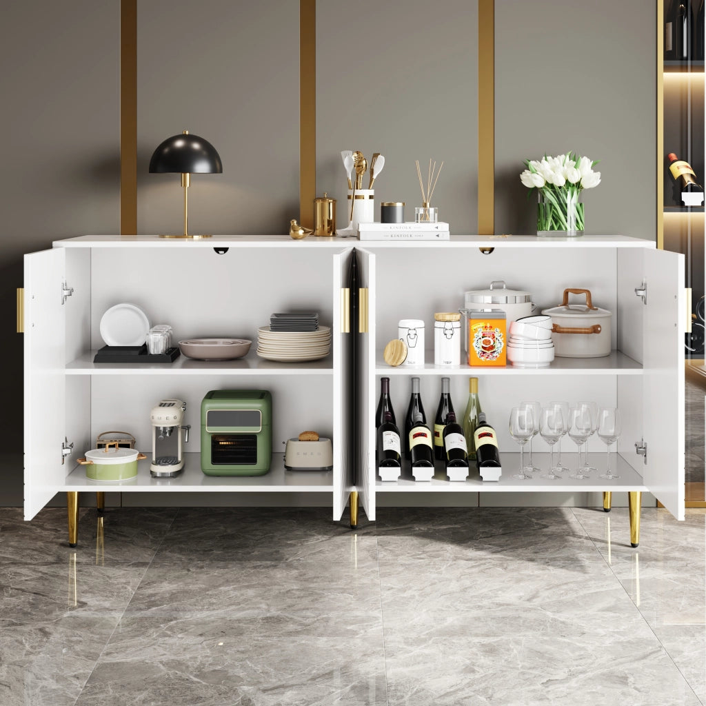 Credenza 2 ante e 4 vani, frontali ondulati e piedini dorati, per soggiorno e sala da pranzo, bianca, 152 × 40 × 75 cm