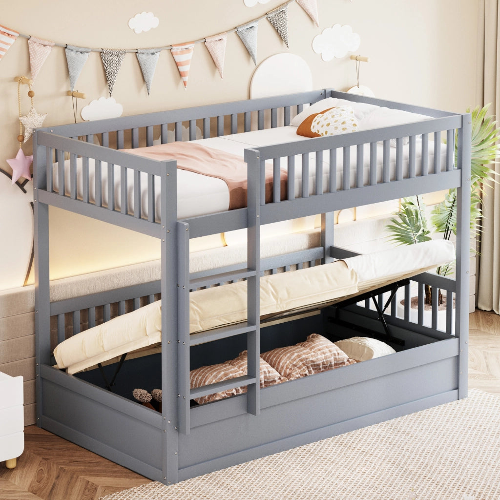 Letto a castello per bambini 90 × 200 cm con vano contenitore idraulico in legno grigio e scala