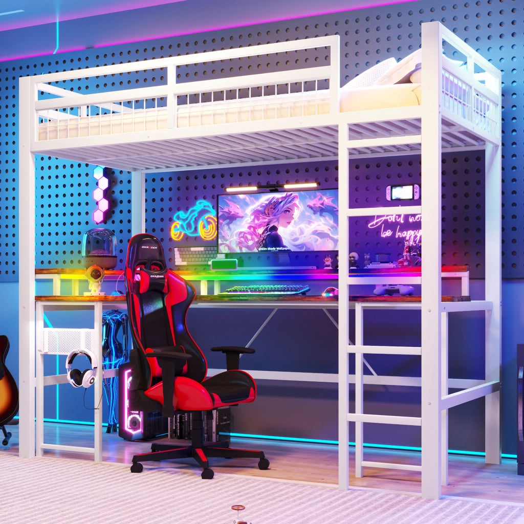 Hochbett 90x200 cm in metallo e MDF, con scrivania, LED RGB, porte USB e prese, bianco