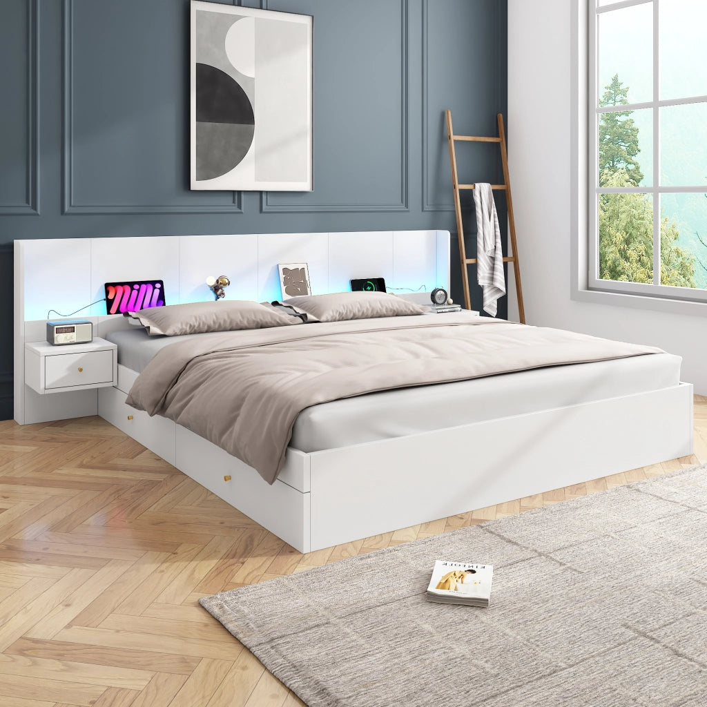Letto matrimoniale 180 × 200 cm con LED; prese e USB; due comodini e cassetti; in MDF bianco; senza materasso