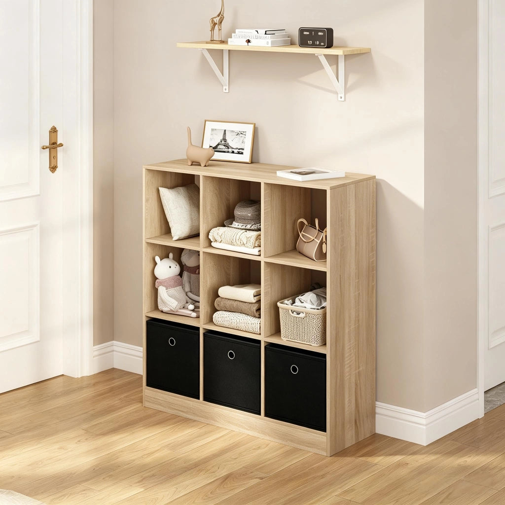 Libreria 80x30x86.5 cm con 3 cassetti in tessuto; legno ingegnerizzato nero e rovere chiaro