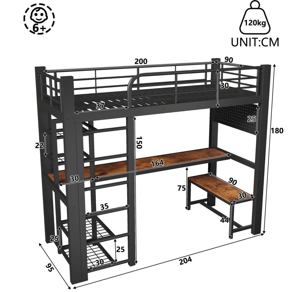 Letto a soppalco 90 × 200 cm con scrivania in legno LED ripiani barra appendiabiti e pannello forato in metallo nero