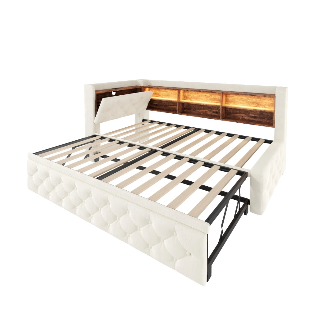 Divano letto estraibile 90x190 cm con LED; USB e Type-C; bracciolo contenitore; velluto beige