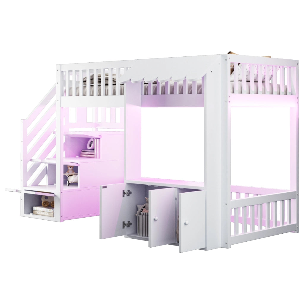 Letto soppalcato in legno 90x200 cm con scala contenitore; LED multicolore; bianco e rosa