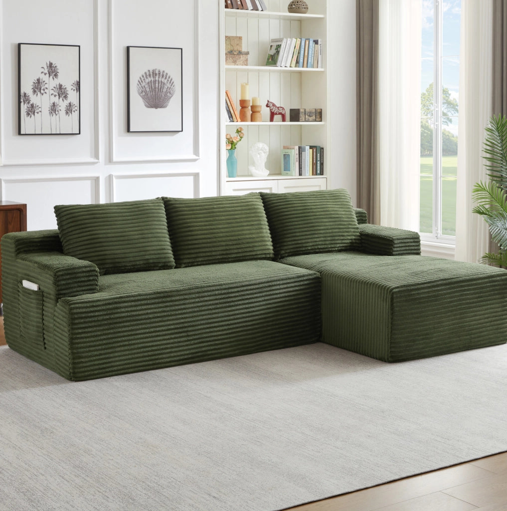Divano angolare a L 238x152x66 cm in velluto a coste verde, senza montaggio