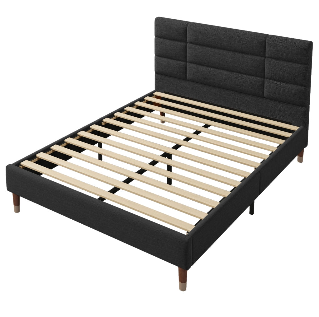 Letto matrimoniale 140x200 cm in lino nero con rete e materasso salvaspazio, senza materasso