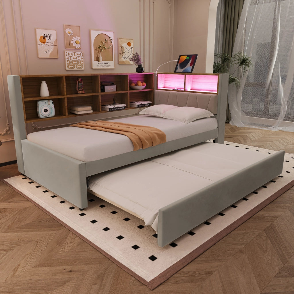 Letto con letto estraibile 90 × 200 cm con secondo letto 90 × 190 cm LED USB Type-C prese flanella grigio chiaro