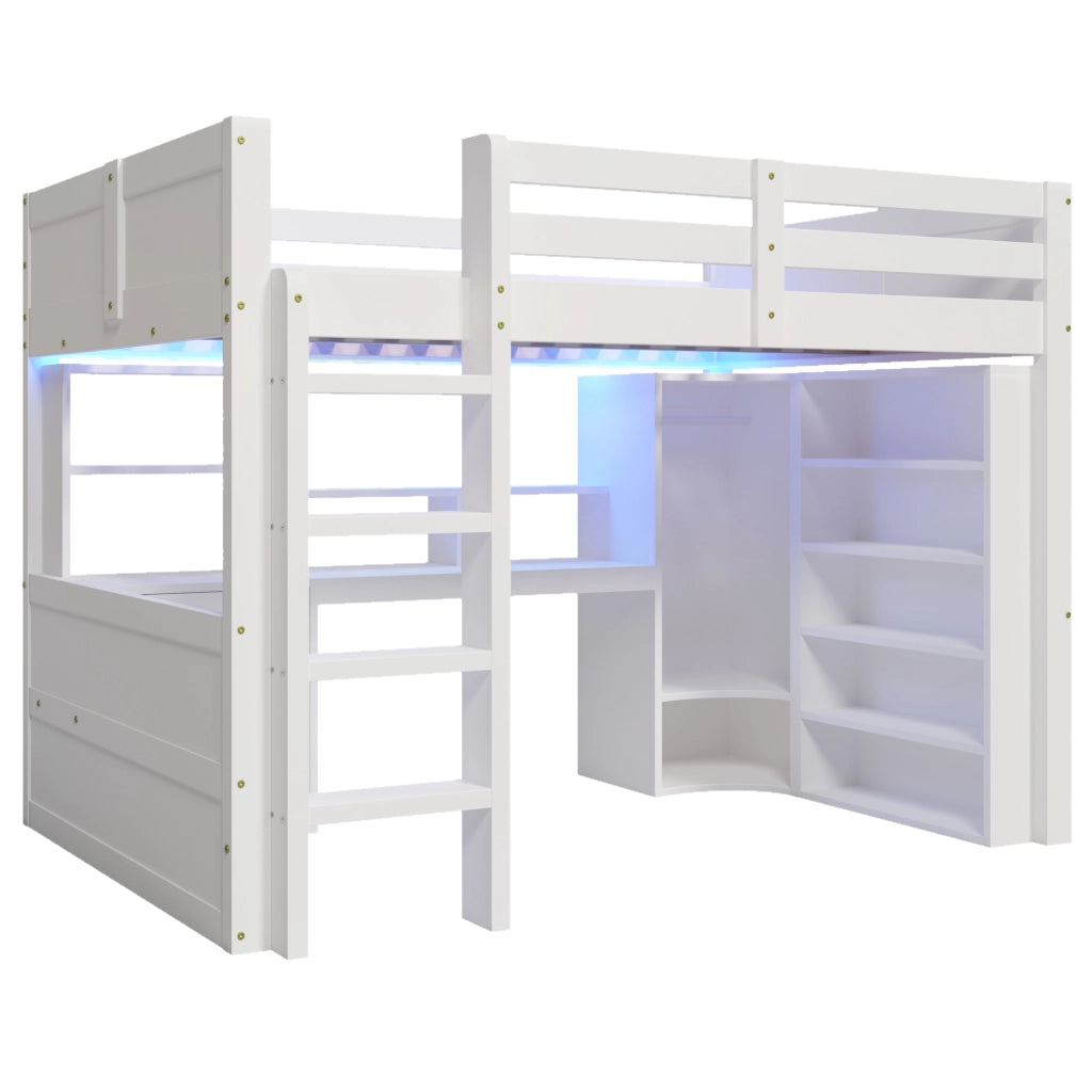 Letto a soppalco ¨C Minimal ¨C 140x200cm, bianco, con LED, armadio, scrivania, cassetti, senza materasso