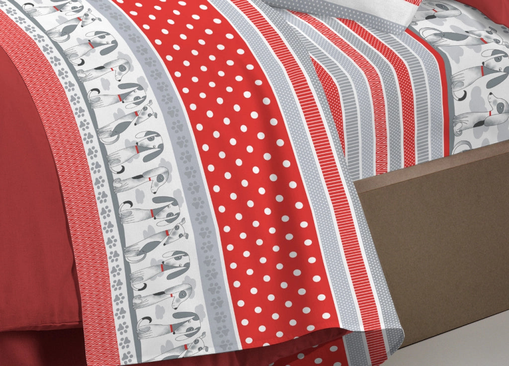 Completo Lenzuola Letto Pensieri Delicati 100% Cotone Dis. Bau Bau - Matrimoniale - Rosso