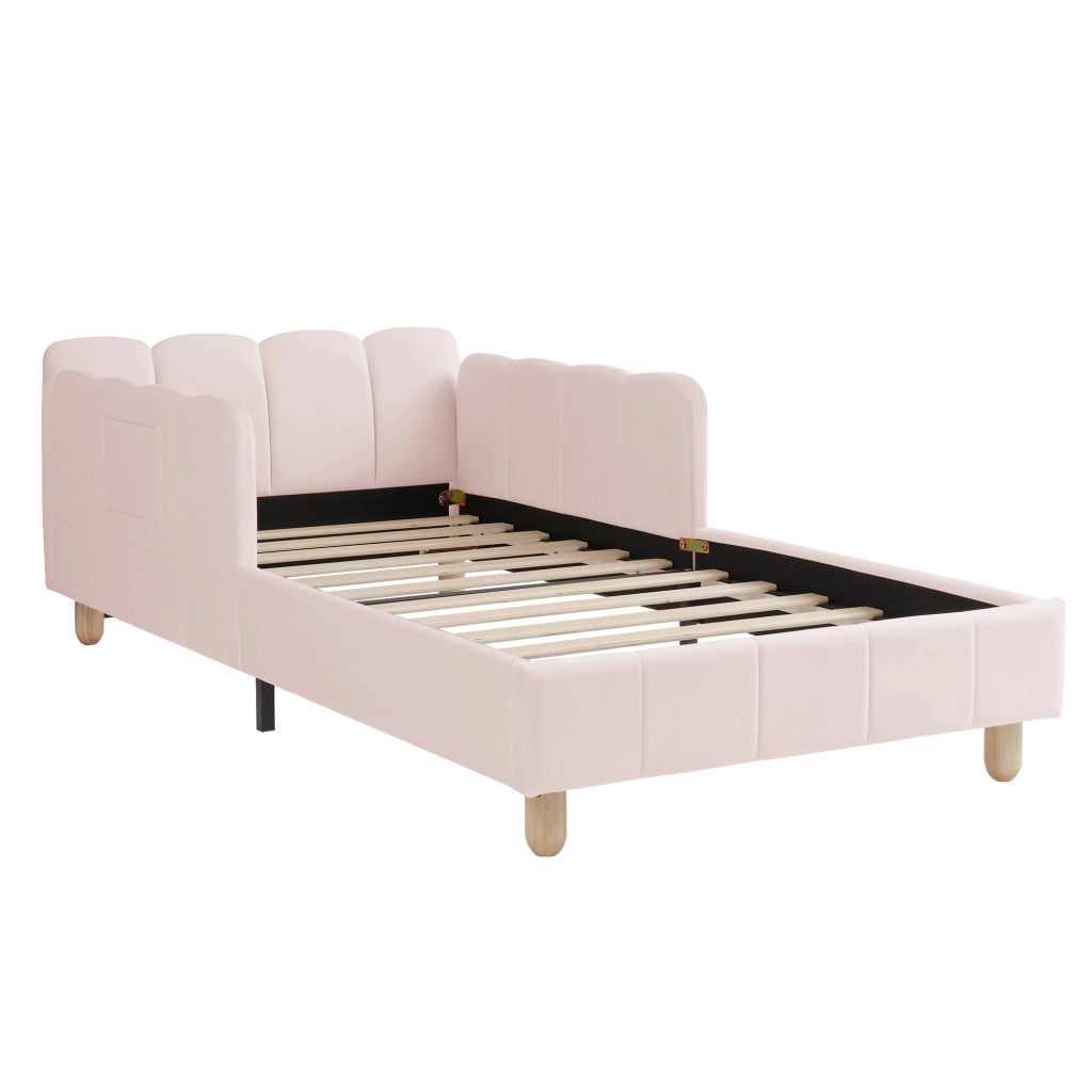 Letto singolo imbottito per bambini 90x200 cm in velluto rosa con testiera ergonomica
