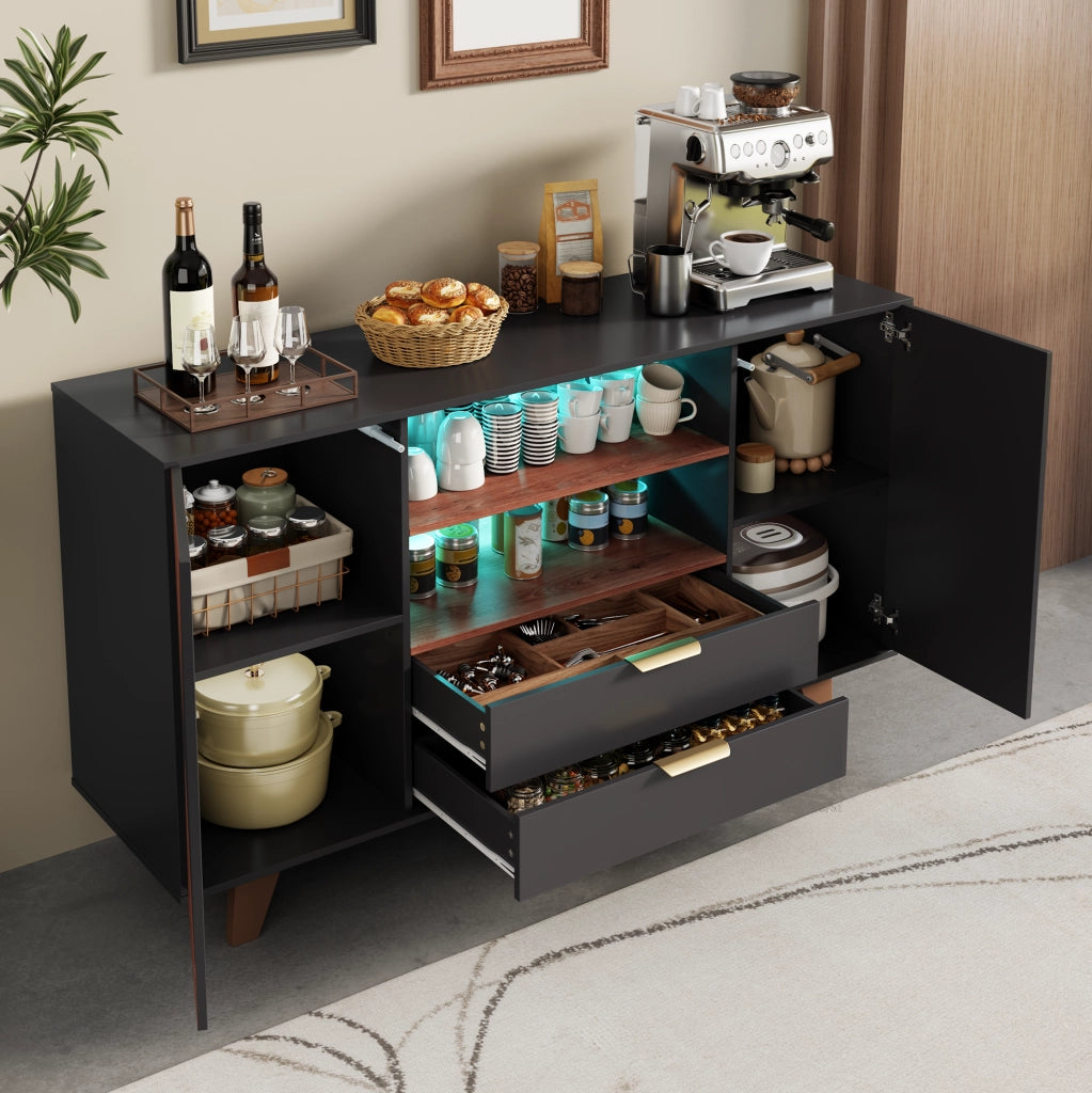Credenza da cucina 150x40x90 cm con LED RGB; 2 cassetti e ripiani regolabili in MDF; naturale e nero