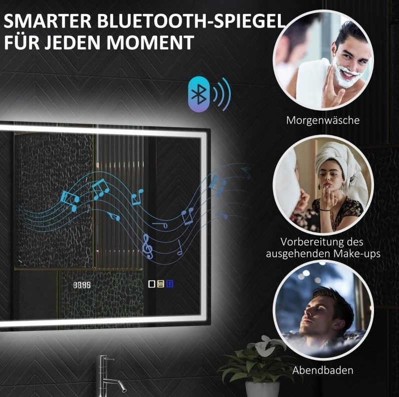 Specchio da bagno LED 80x60 cm con Bluetooth, orologio, 3 modalità di luce e funzione antiappannamento, argento