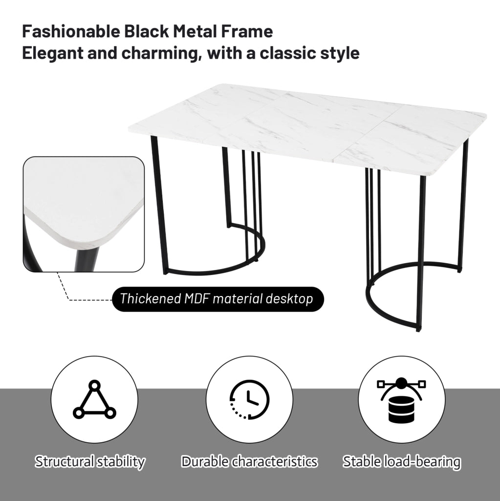 Set tavolo da pranzo 140x80 cm con 4 sedie in velluto; piano MDF effetto marmo bianco