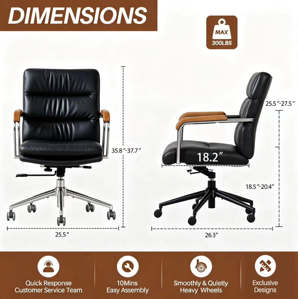 Sedia da ufficio ergonomica in pelle nera con braccioli e ruote