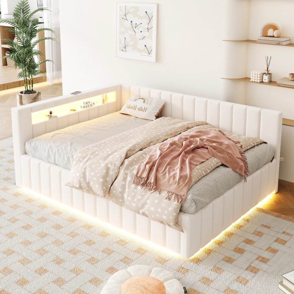 Letto contenitore matrimoniale 140×200 cm con LED; USB e testiera imbottita; senza materasso; beige