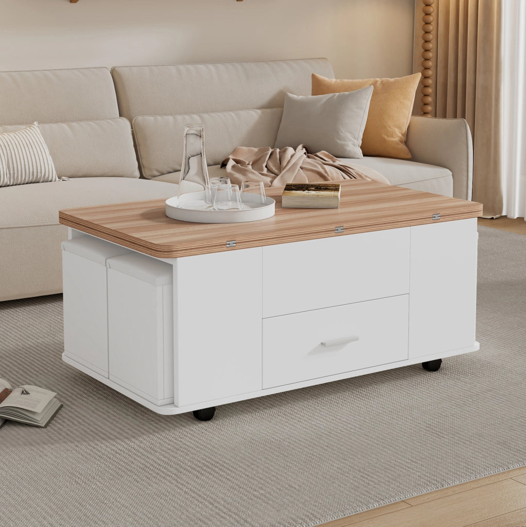 Tavolino trasformabile 100 x 50 x 45 cm bianco e legno, 4 sgabelli
