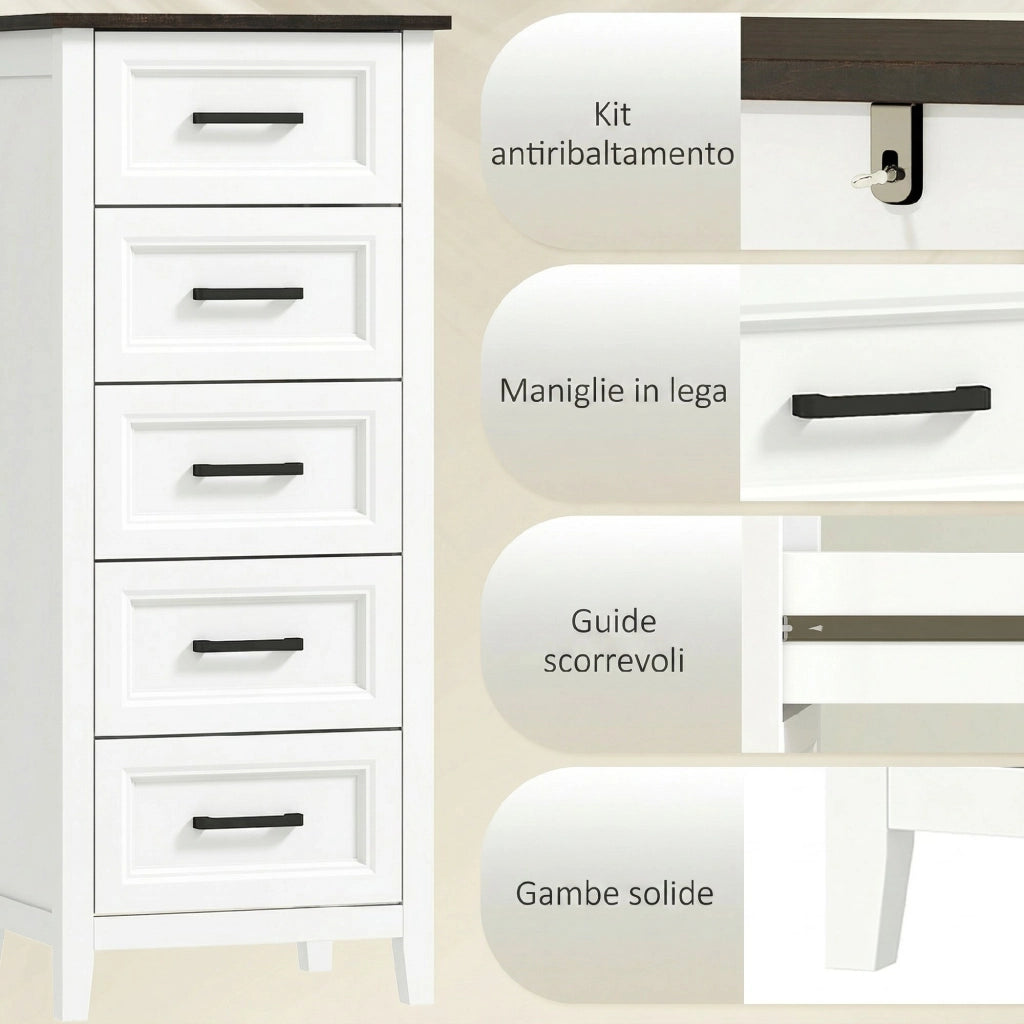 Cassettiera 45x35x106 cm con 5 Cassetti in MDF Bianco e Marrone