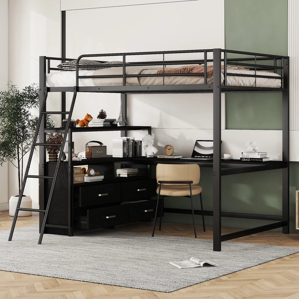 Letto a soppalco 140 x 200 cm in metallo, cassetti, elegante scrivania a L, finitura laminata, senza materasso - Nero