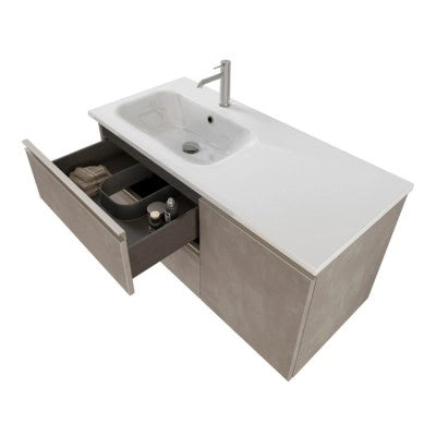 Mobile bagno sospeso 100 cm grigio cemento con cassetti e anta completo di lavabo a sinistra e specchio Master