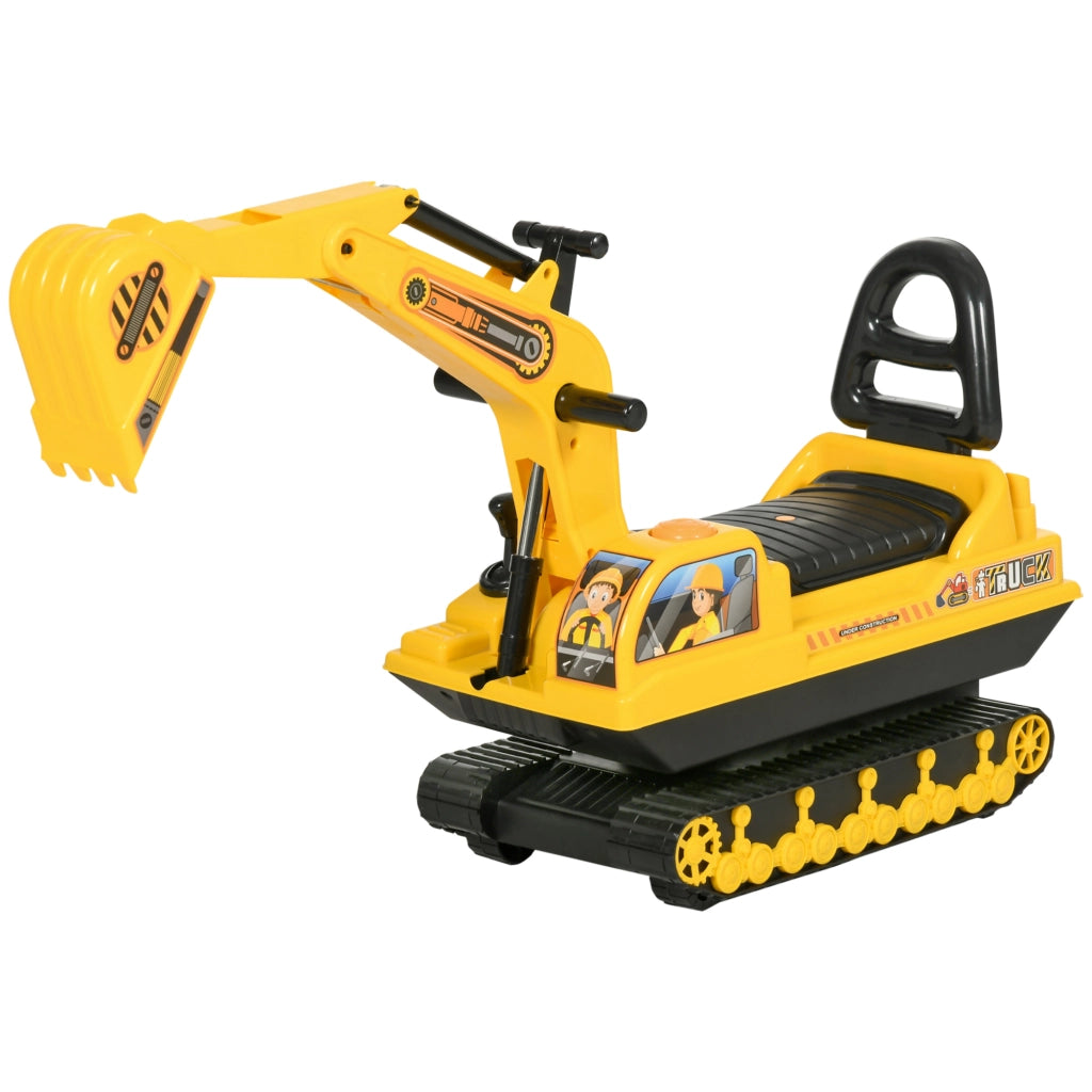 Escavatore Ruspa Giocattolo Cavalcabile per Bambini max. 30 kg con Schienale, Braccio Mobile e Vano Contenitore, 78x24x58.5cm