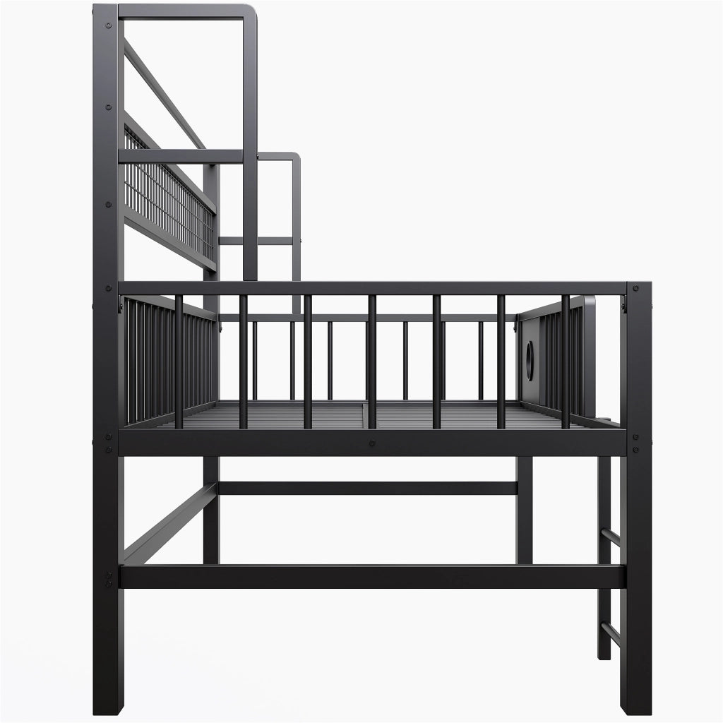 Letto a soppalco basso per bambini 90 × 200 cm in metallo e MDF nero con sponde alte ripiano e barra appendiabiti