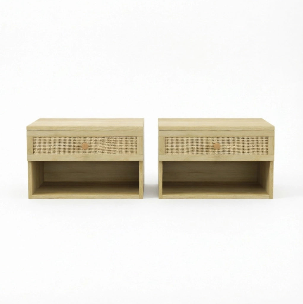 Set di 2 Comodini da Parete in Truciolato Naturale con Cassetto Estraibile e Ripiano Aperto, 40x34x23 cm