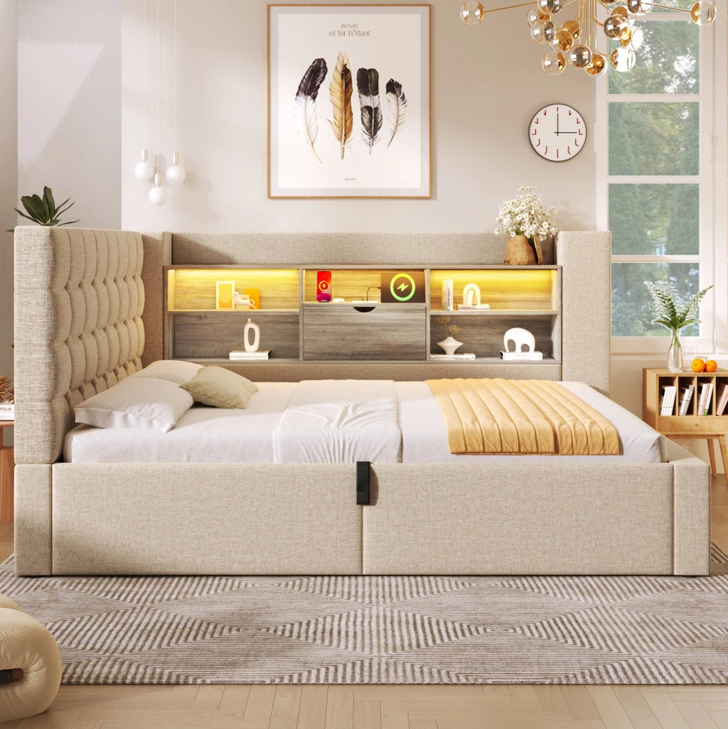 Letto imbottito 140x200 cm beige con LED, prese USB, contenitore idraulico e testiera reversibile