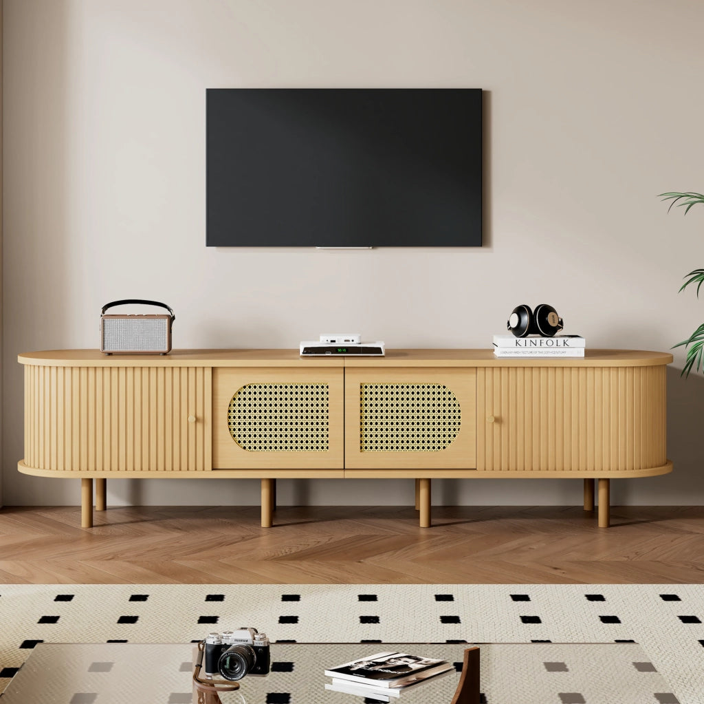 Mobile TV in MDF color legno chiaro 180 x 40 x 40 cm con ante in rattan; per TV fino a 75 pollici