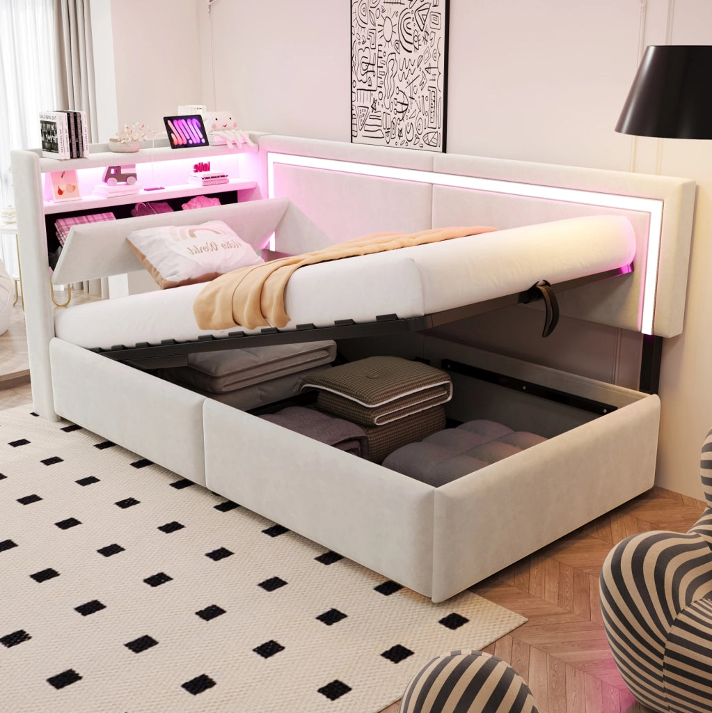 Divano letto imbottito 90x200 cm con contenitore idraulico, LED e USB in velluto beige