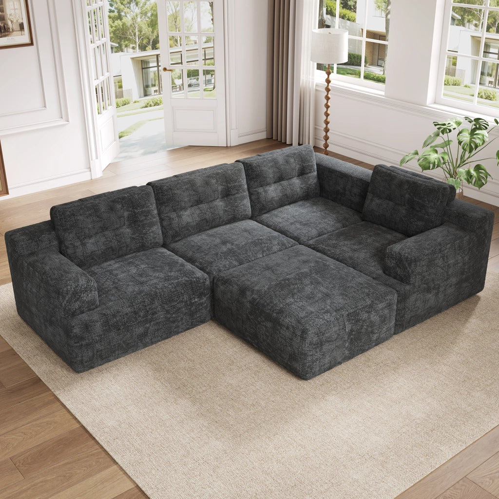Divano modulare 5 posti 252x180 cm con pouf senza telaio in ciniglia grigio