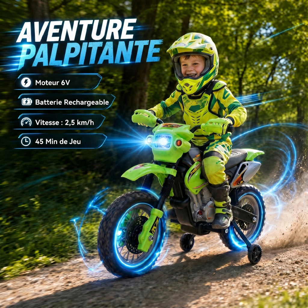 Moto cross elettrica per bambini 3-6 anni con batteria 6V fari musica e rotelle di supporto carico 25kg verde e nero