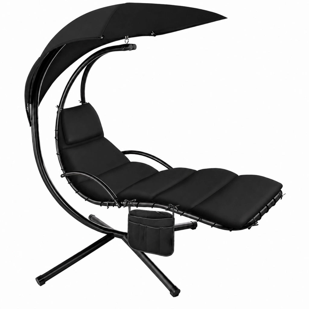 Sdraio Pensile Con Tettuccio Parasole Integrato E Cuscino Ergonomico Amaca Da Giardino In Acciaio E Poliestere 195 x 132 x 197 Cm Nero