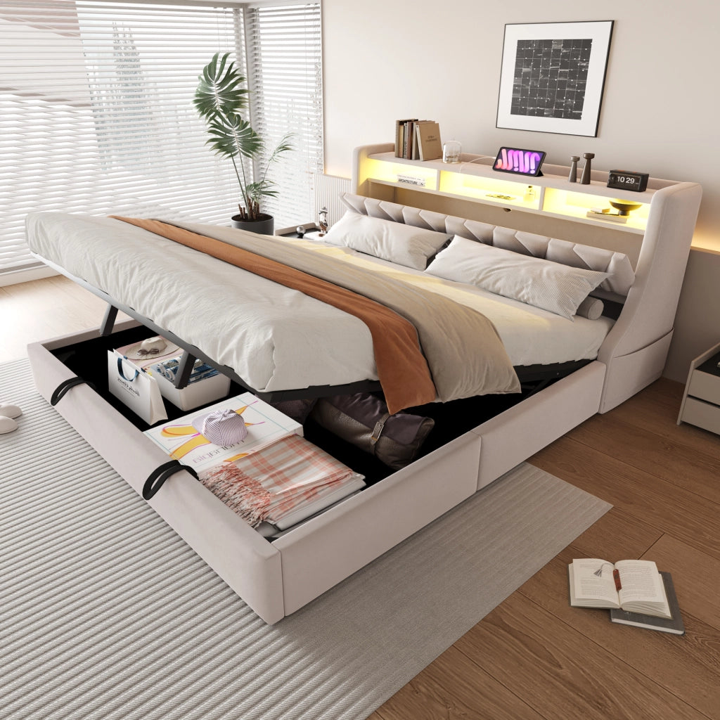 Letto contenitore 180 × 200 cm con testiera imbottita in velluto beige LED USB
