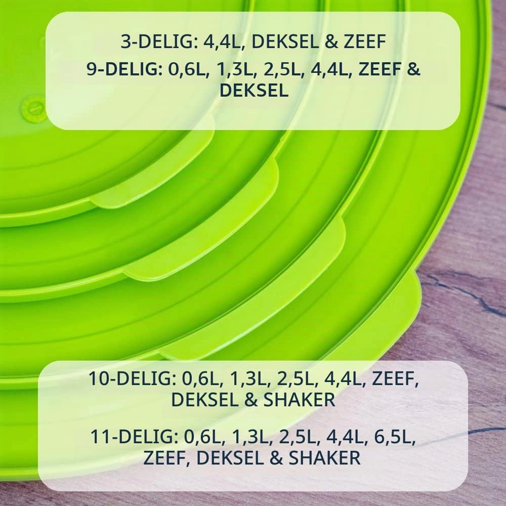 Set da 9 pezzi: 4 ciotole con coperchio e colino, capacità da 0,6 a 4,4 litri, trasparenti/verdi